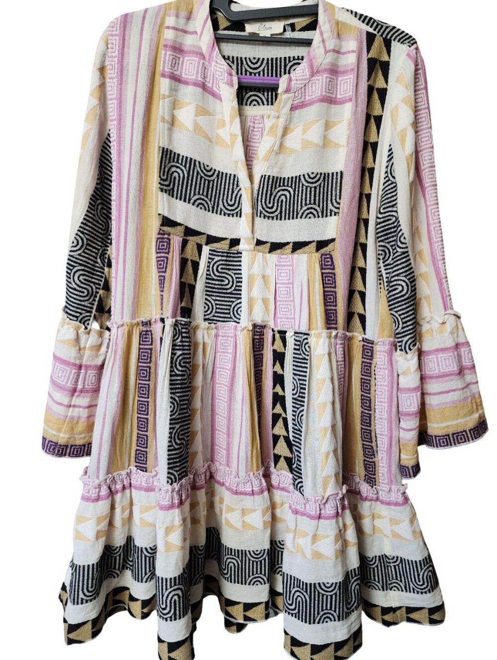 ELAN Geometric Aztec Tiered Mini Dress Pink Gold S